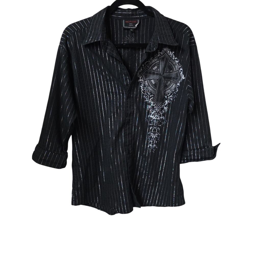 Meztizos Black Striped Button-Up Shirt with Cross Graphic Mens Size Large